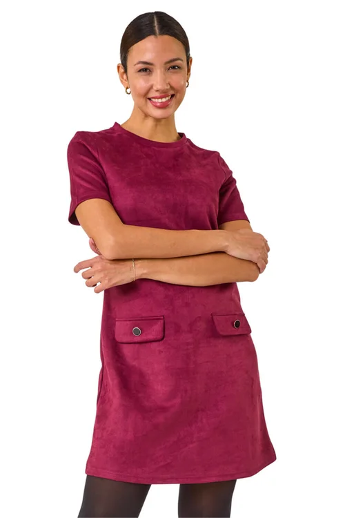 Roman Wine Faux Suede Button Shift Stretch Dress - 14 Image 1