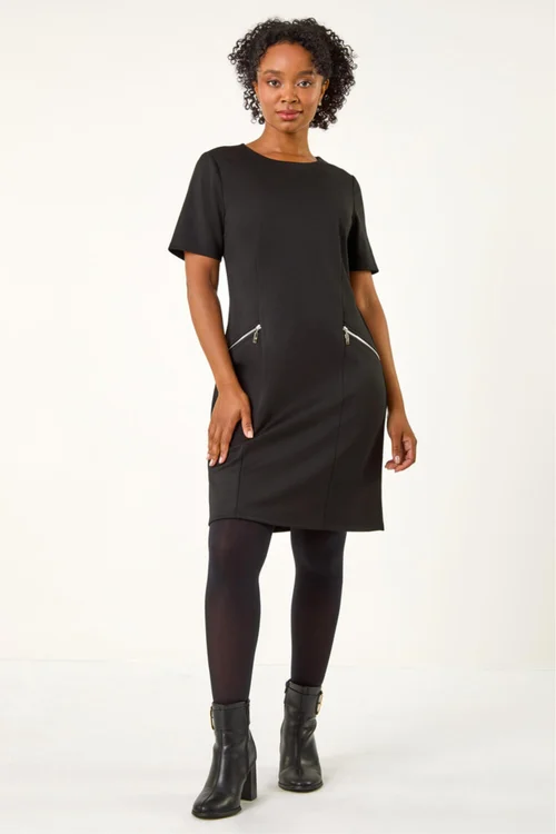 Roman Black Petite Zip Detail Pocket Shift Dress - 16 Image 2