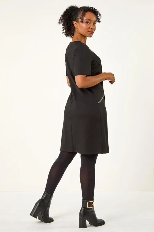 Roman Black Petite Zip Detail Pocket Shift Dress - 16 Image 3