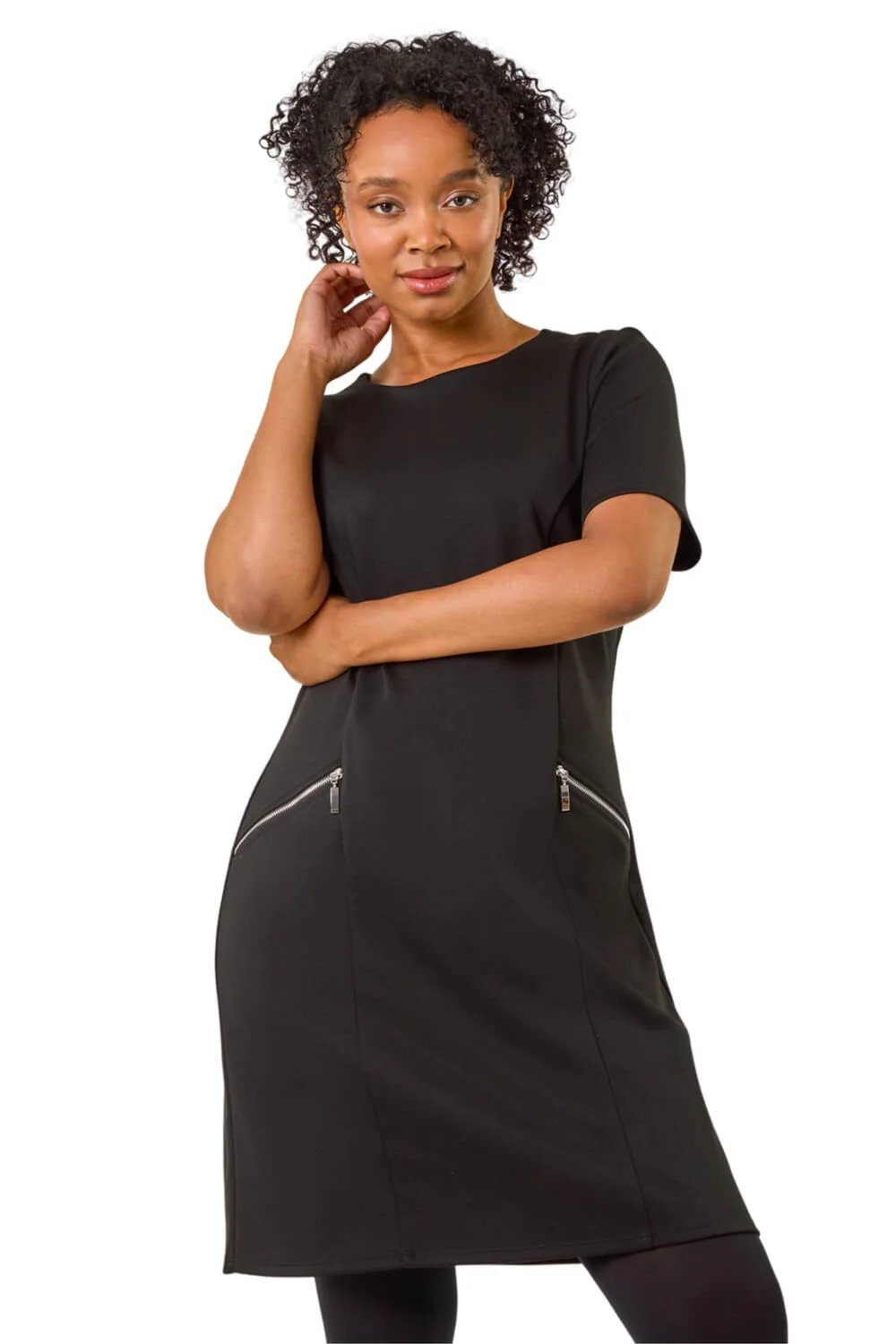 Roman Black Petite Zip Detail Pocket Shift Dress - 16 Image 1