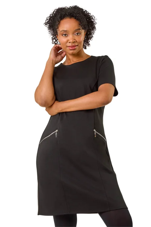Roman Black Petite Zip Detail Pocket Shift Dress - 16 Image 1