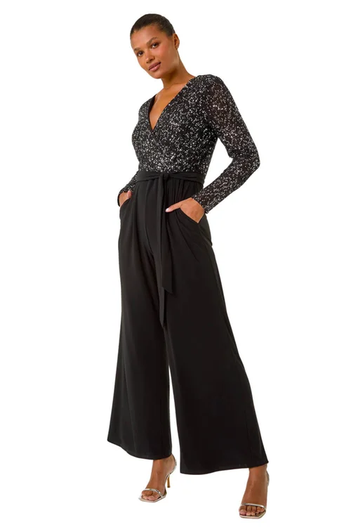 Roman Black Sequin Wrap V-Neck Stretch Jumpsuit - Size 18 Clothing Image 2