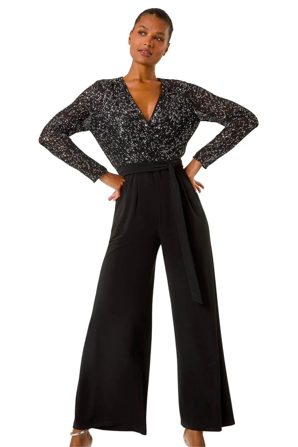 Roman Black Sequin Wrap V-Neck Stretch Jumpsuit - Size 18 Clothing Image 1