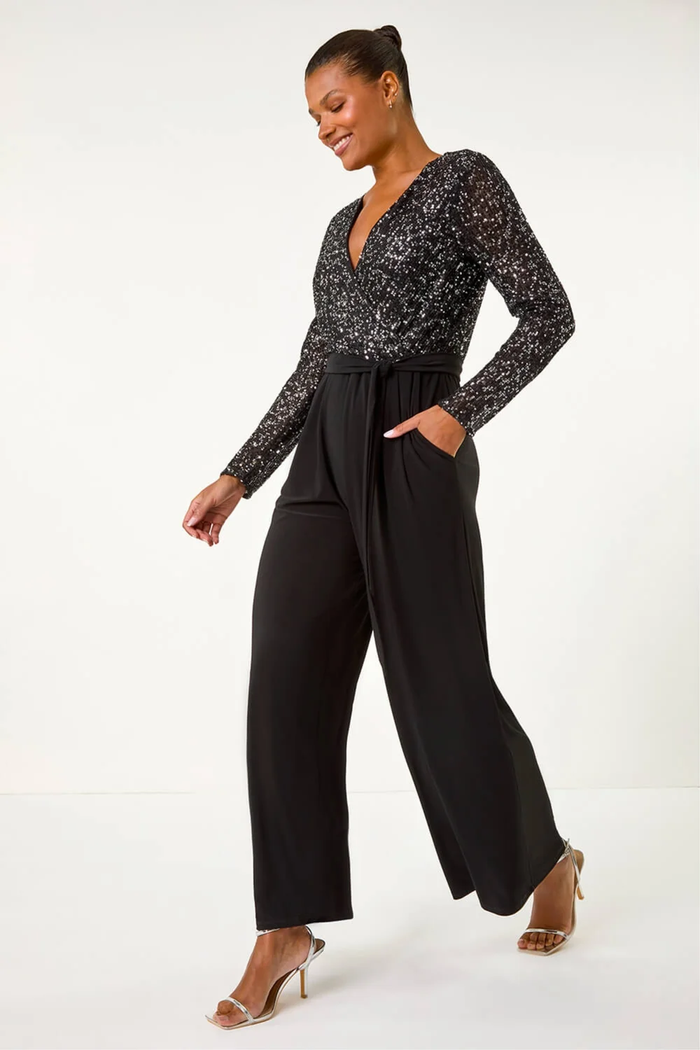 Roman Black Sequin Wrap V-Neck Stretch Jumpsuit - Size 18 Clothing Image 4