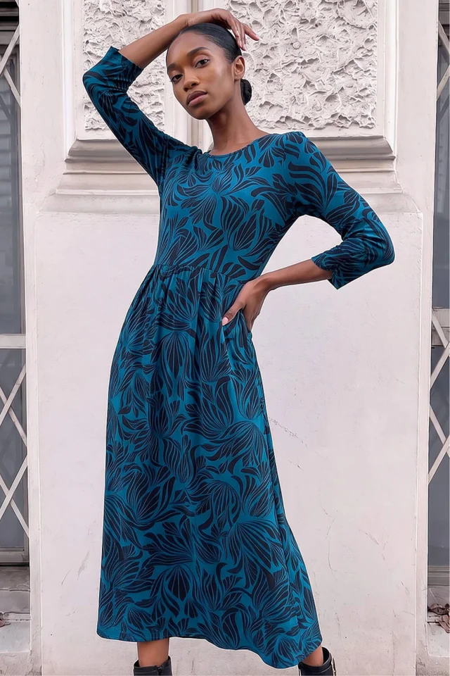 Roman Teal Petite Swirl Print Stretch Midi Dress
