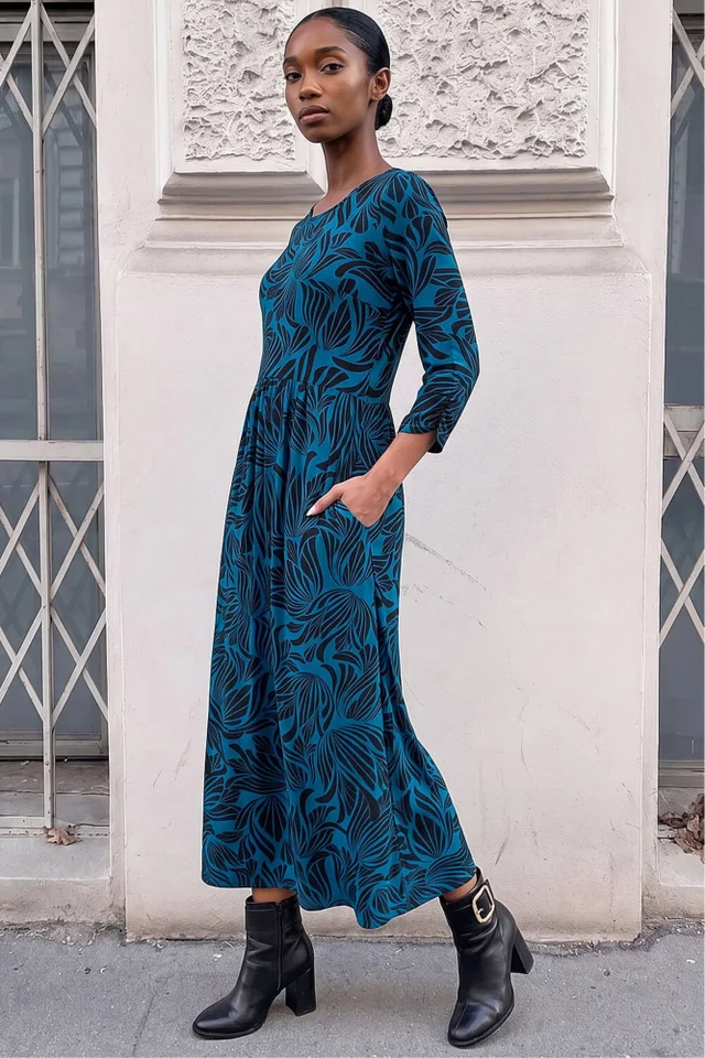 Roman Teal Petite Swirl Print Stretch Midi Dress