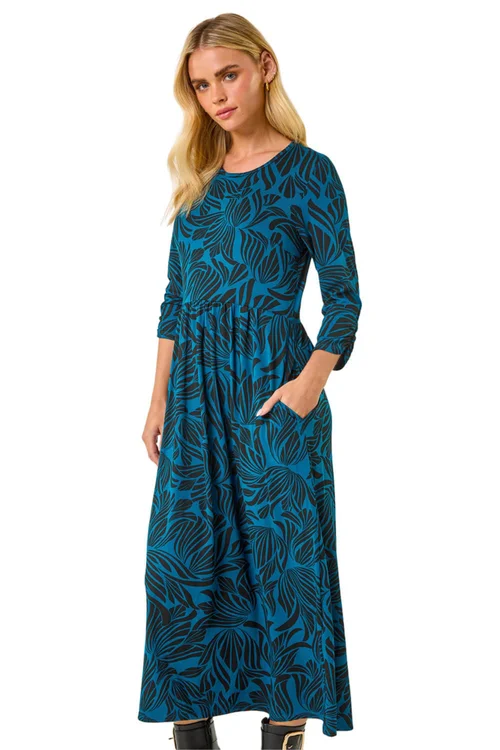 Roman Teal Petite Swirl Print Stretch Midi Dress - 12 Image 1