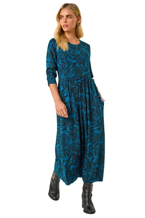 Roman Teal Petite Swirl Print Stretch Midi Dress - 12 Image 2