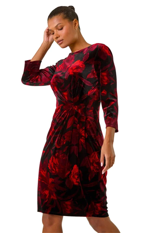 Roman Red Velvet Rose Print Side Twist Shift Dress - 22 Roman Red Velvet Rose Print Side Twist Shift Dress - 22