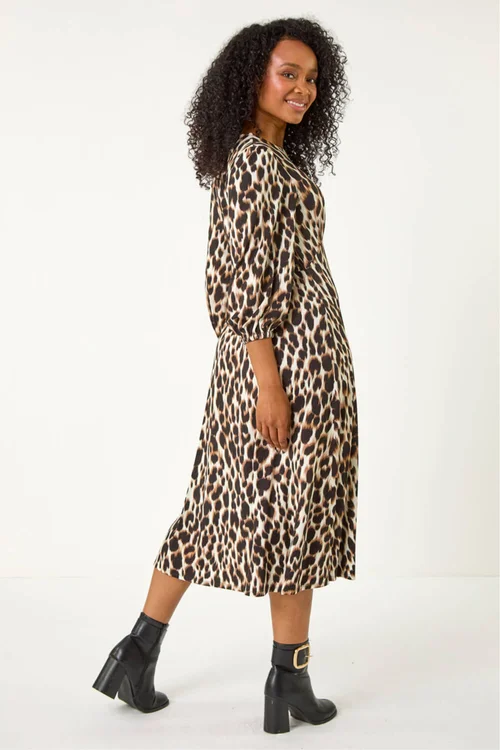 Roman Brown Petite Animal Print Stretch Midi Dress - 12 Image 4