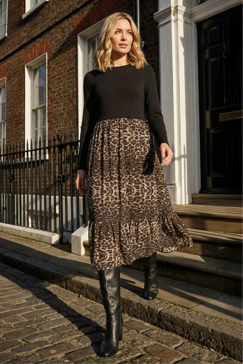 Roman Beige 2 in 1 Animal Print Stretch Midi Dress - 18 Image 1