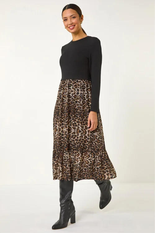 Roman Beige 2 in 1 Animal Print Stretch Midi Dress - 18 Image 3