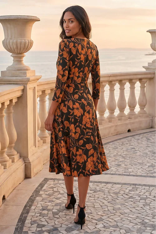Roman Tan Leaf Print Wrap Midi Dress - 12 Image 2
