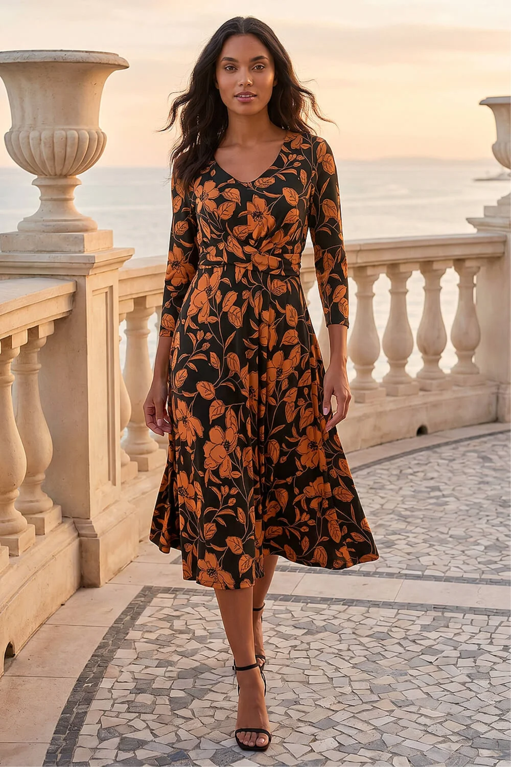 Roman Tan Leaf Print Wrap Midi Dress - 12 Image 3