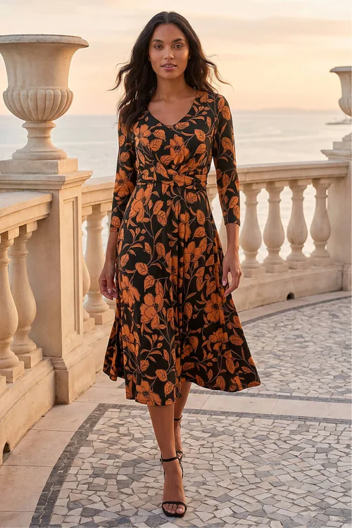 Roman Tan Leaf Print Wrap Midi Dress - 12 Image 3