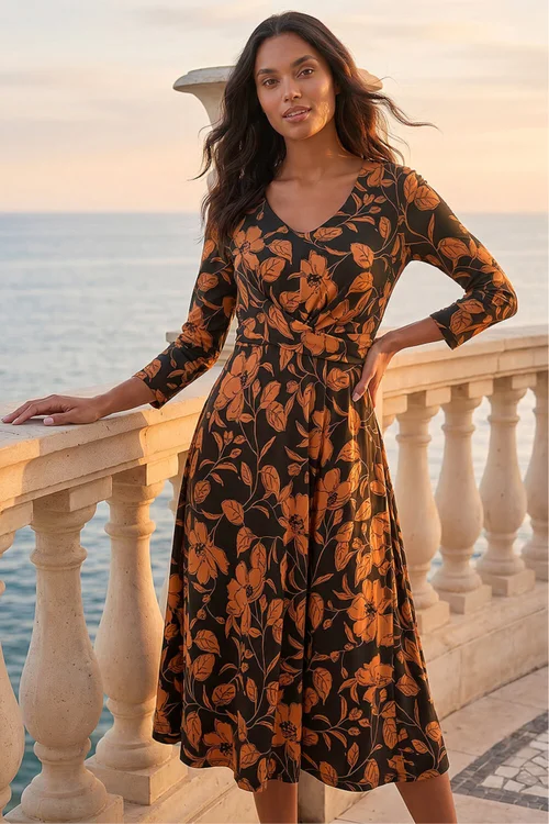 Roman Tan Leaf Print Wrap Midi Dress - 12 Image 1