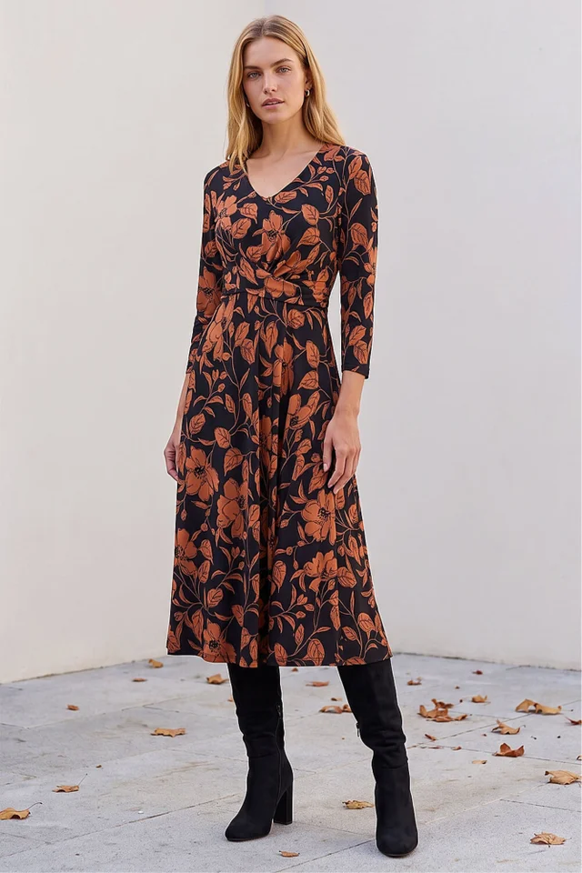 Roman Tan Leaf Print Wrap Midi Dress