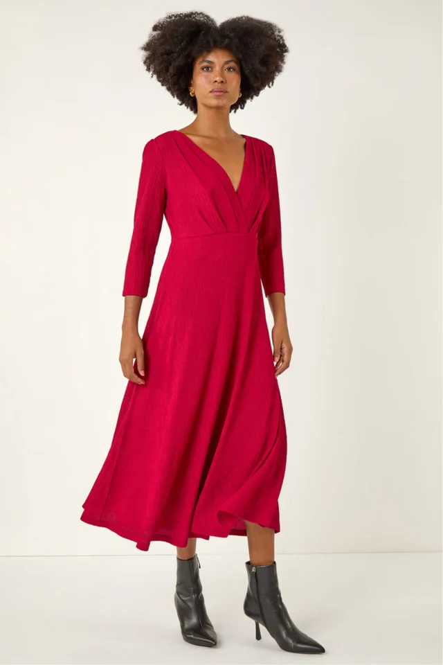 Roman Wine Textured Wrap Midi Dress