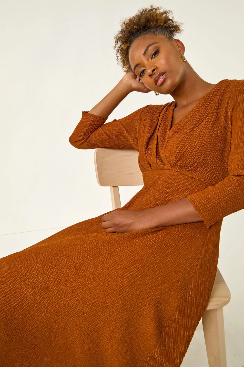 midi copper dress Storybook Charm Smocked Satin Midi Dress in Copper