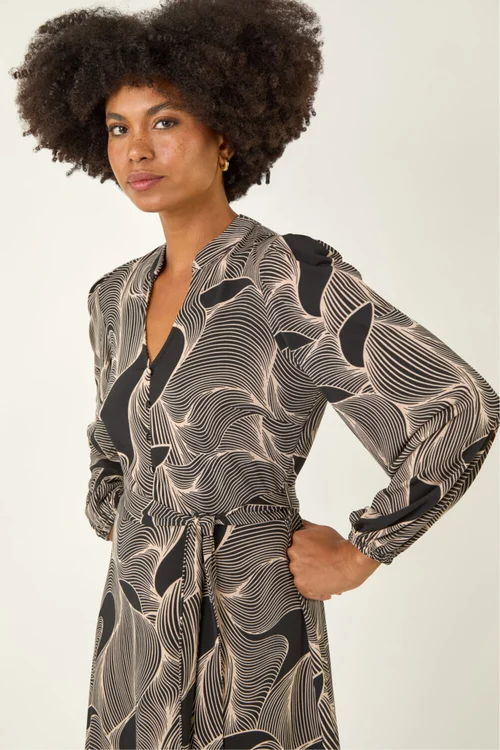Roman Ivory Abstract Linear Print Stretch Dress - 12 Image 4