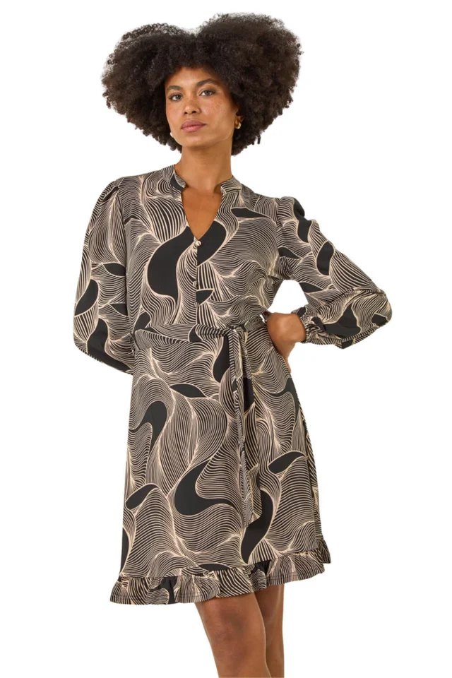 Roman Ivory Abstract Linear Print Stretch Dress