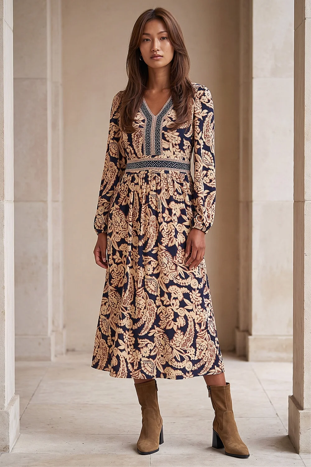 Roman Tan Floral Border Print Midi Dress - 10 Image 1
