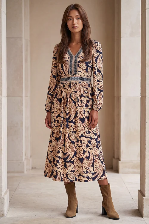 Roman Tan Floral Border Print Midi Dress - 10 Image 1