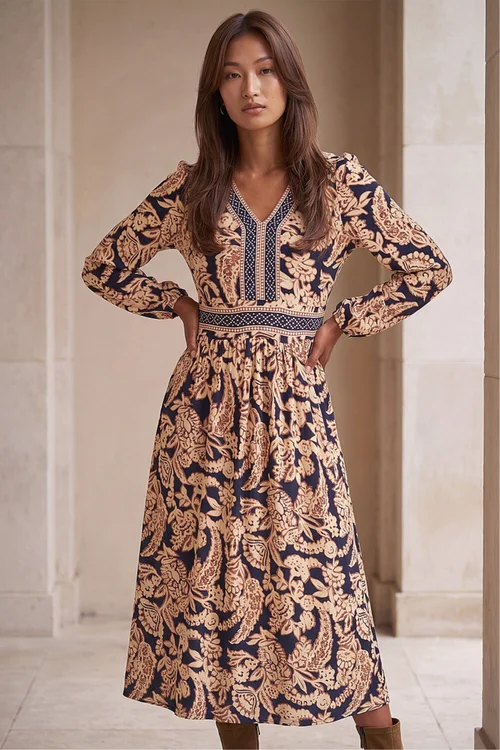 Roman Tan Floral Border Print Midi Dress - 10 Image 2