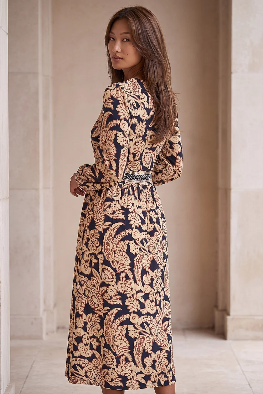 Roman Tan Floral Border Print Midi Dress - 10 Image 3
