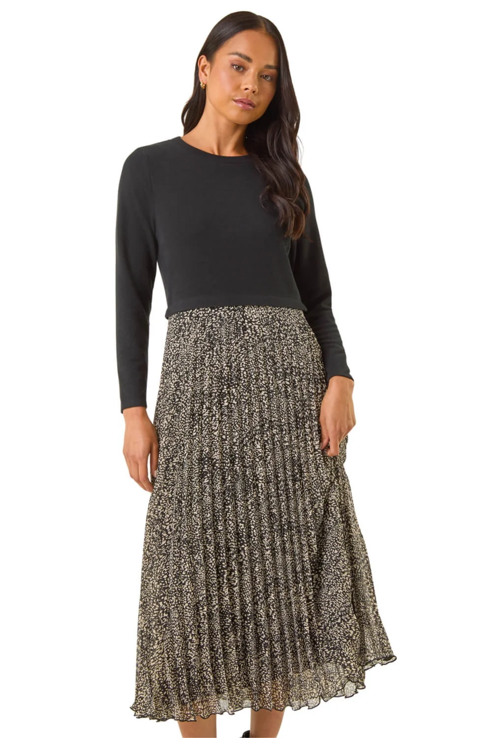 Roman Black Petite Print Pleated Midi Dress - 18 Image 1