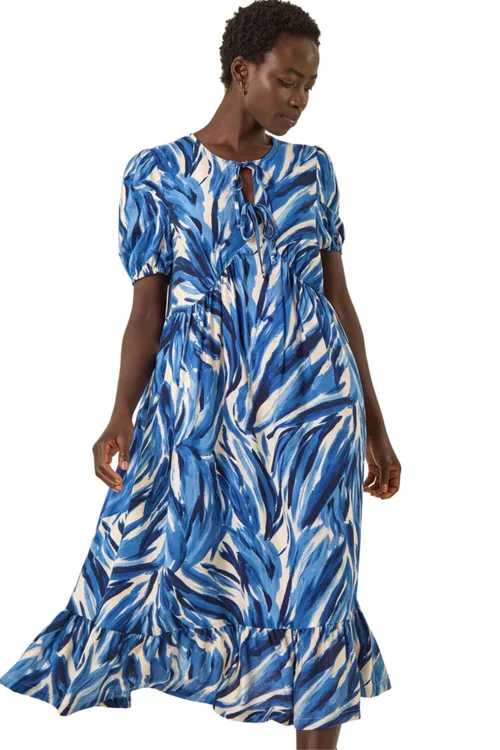 Roman Blue Abstract Print Tie Front Smock Dress - 20 Image 1