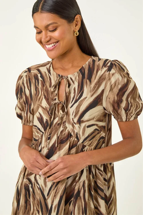 Roman Tan Abstract Print Tie Front Smock Dress - 18 Image 4