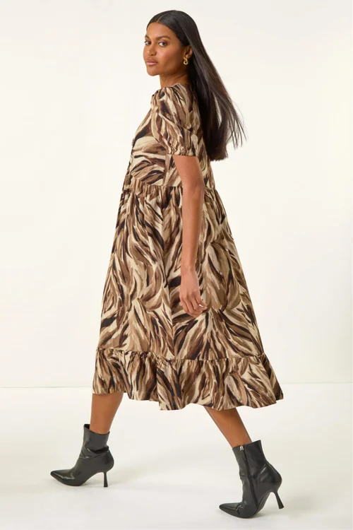 Roman Tan Abstract Print Tie Front Smock Dress - 18 Image 3