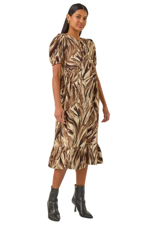 Roman Tan Abstract Print Tie Front Smock Dress - 18 Image 2