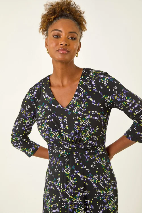 Roman Black Abstract Crossover Stretch Midi Dress - 12 Image 4