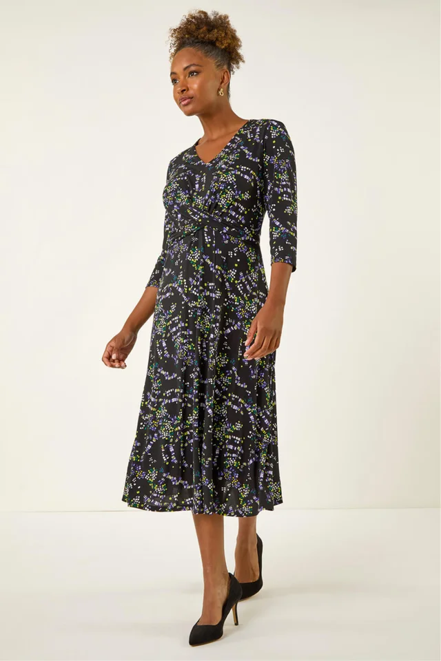 Roman Black Abstract Crossover Stretch Midi Dress