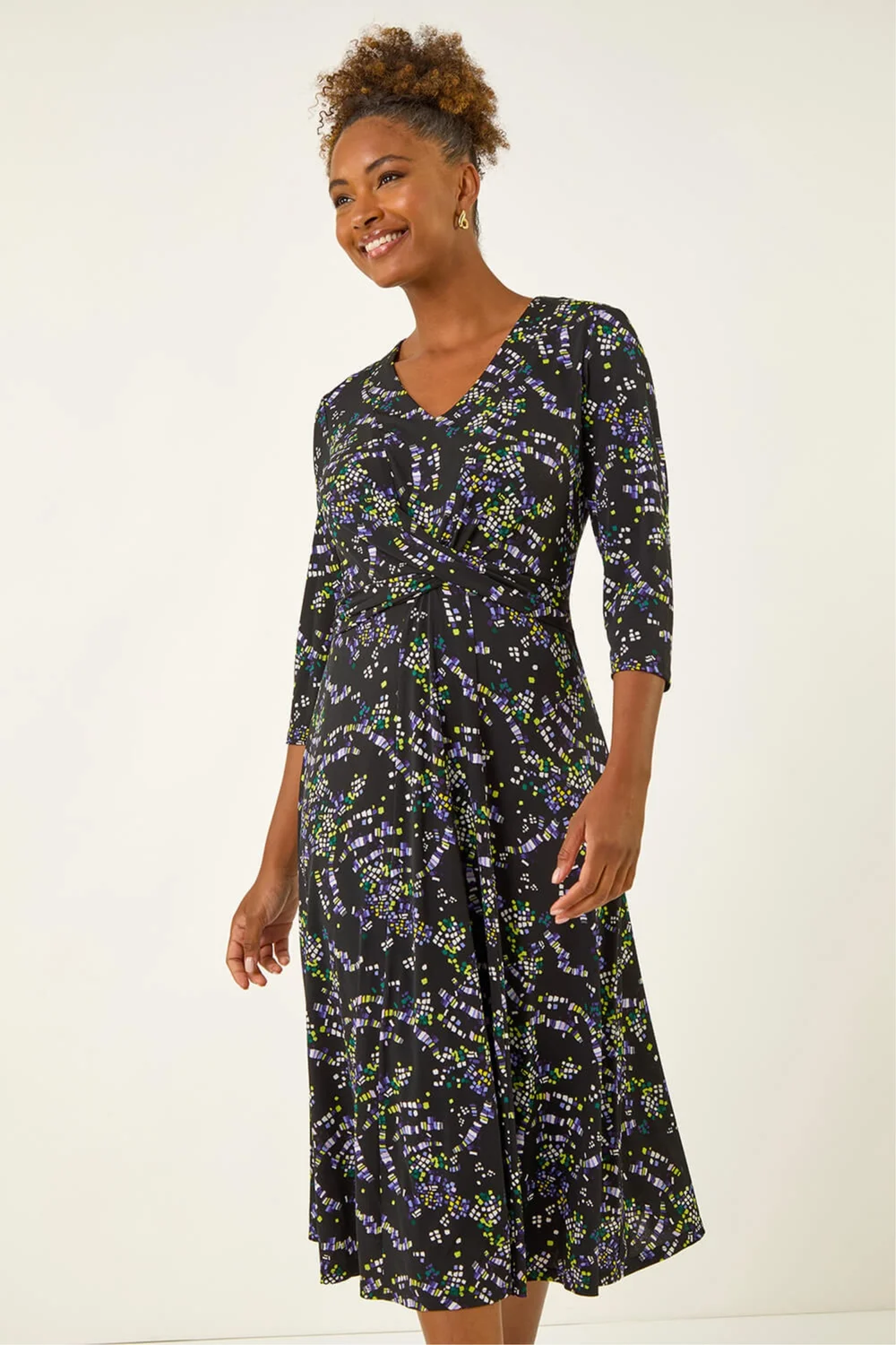 Roman Black Abstract Crossover Stretch Midi Dress - 12 Image 1
