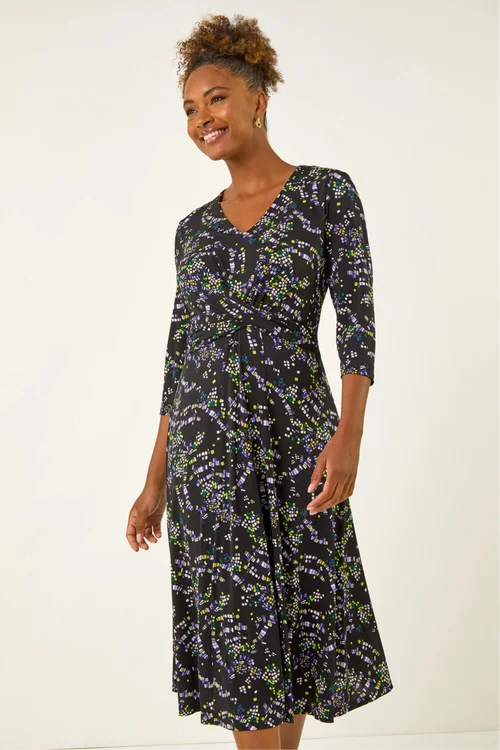 Roman Black Abstract Crossover Stretch Midi Dress - 12 Image 1