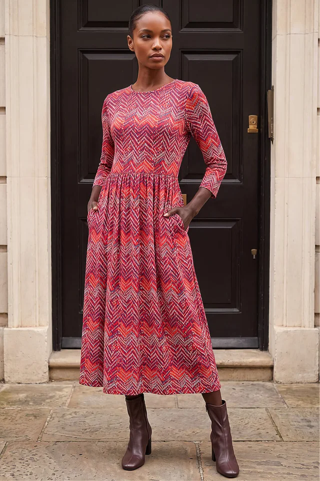 Roman Red Zig Zag Print Midi Dress