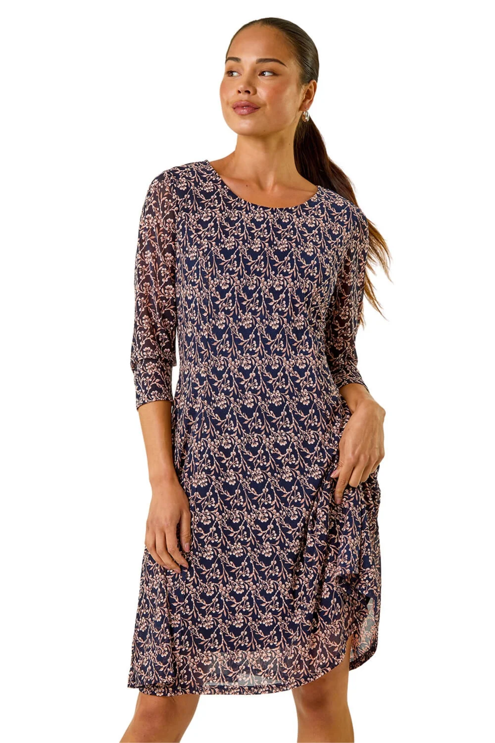 Roman Tan Petite Ditsy Floral Print Stretch Dress - 10 Image 1