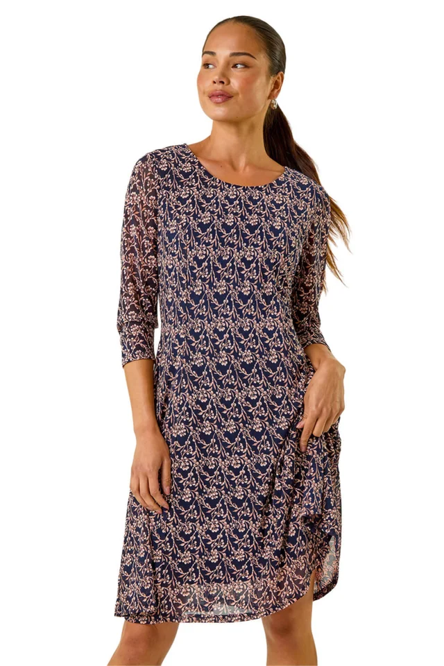 Roman Tan Petite Ditsy Floral Print Stretch Dress