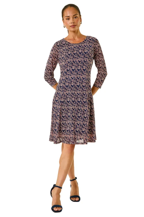 Roman Tan Petite Ditsy Floral Print Stretch Dress - 10 Image 2
