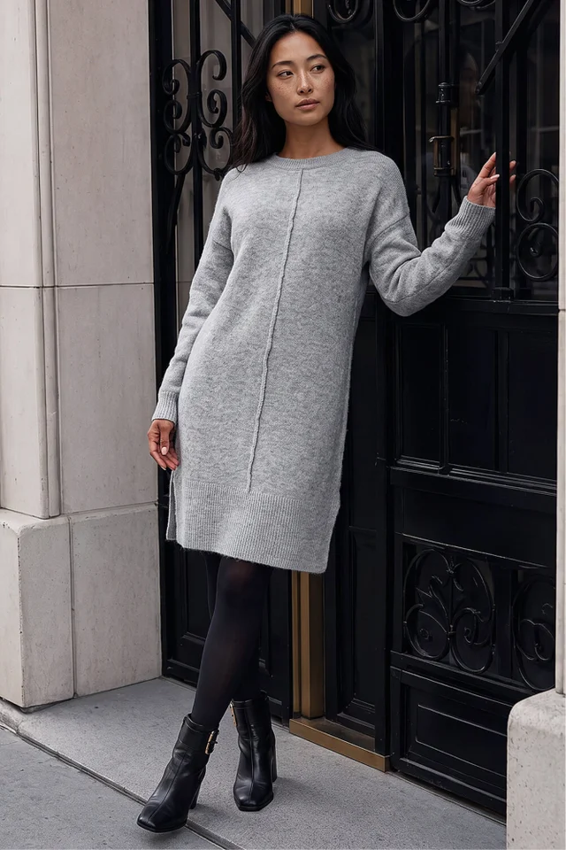 Roman Grey Petite Knitted Pintuck Shift Dress
