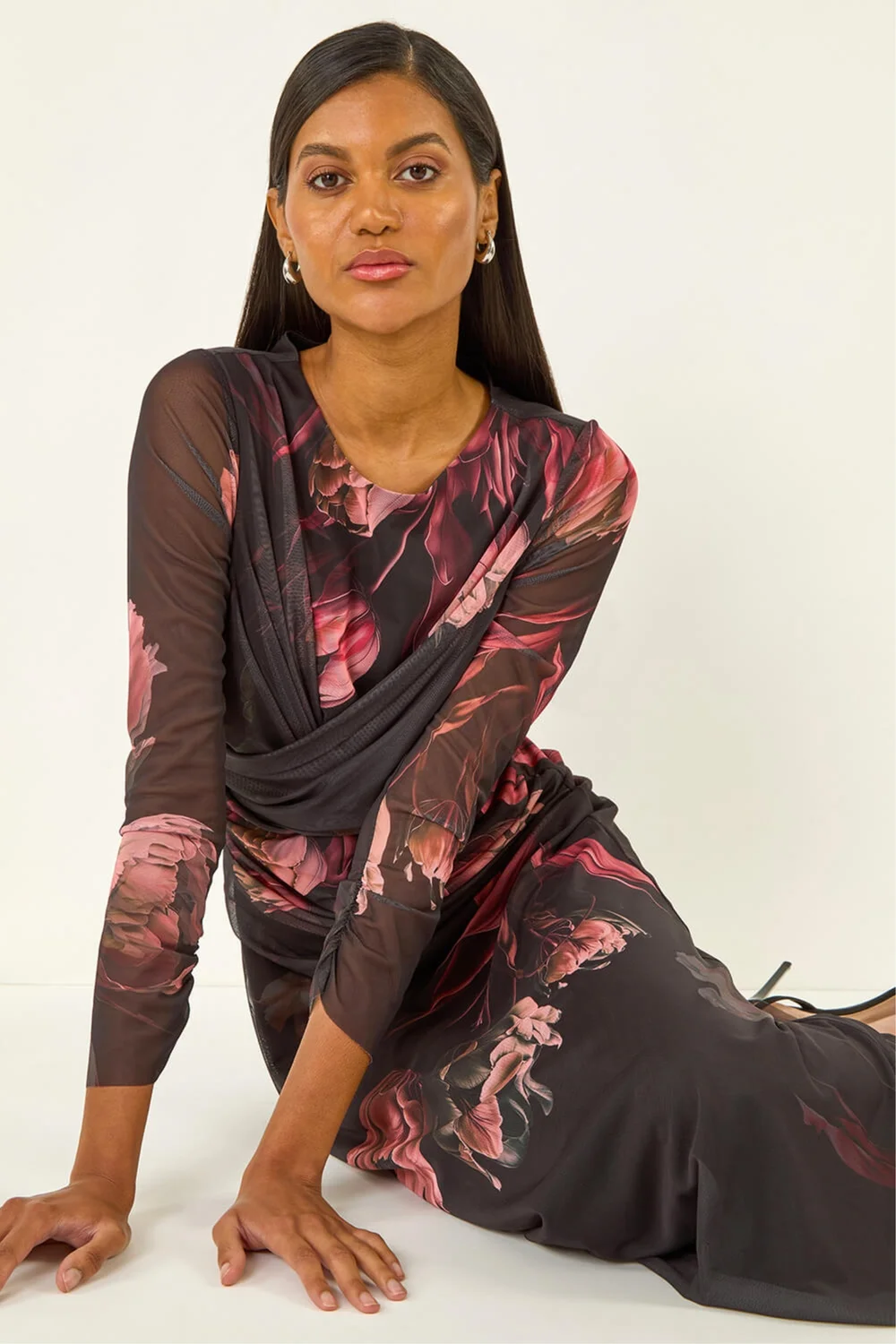 Roman Black Floral Mesh Stretch Maxi Dress - 12 | Matalan Roman Black Floral Mesh Stretch Maxi Dress - 12 | Matalan