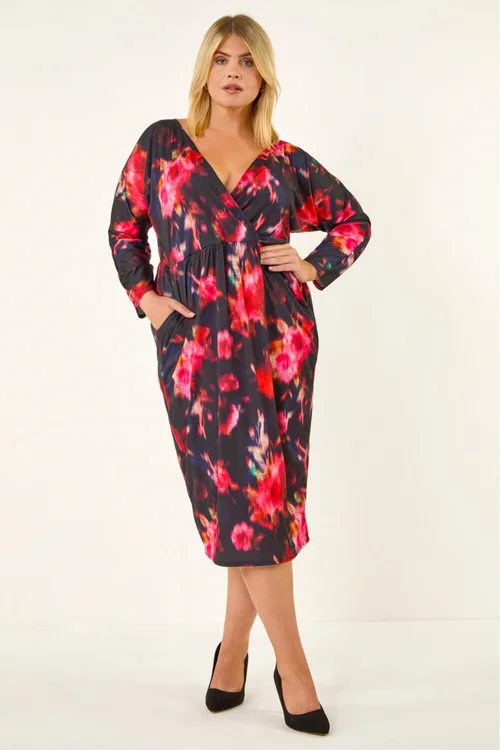 Roman Red Curve Floral Print Mesh Midi Dress - 16 Image 3