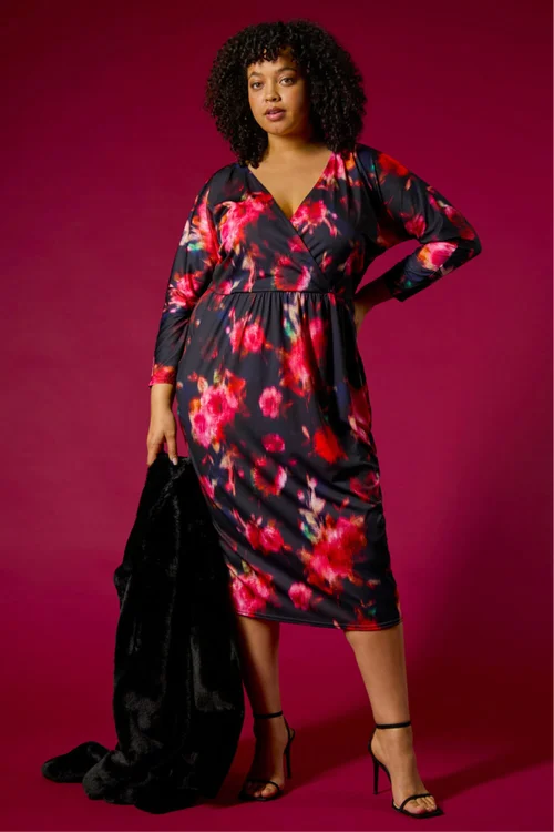 Roman Red Curve Floral Print Mesh Midi Dress - 16 Image 1