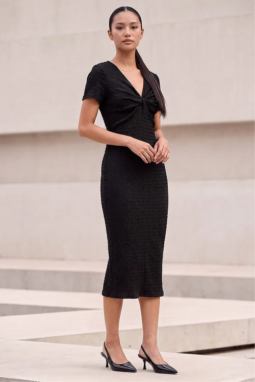 Roman Black Petite Textured Twist Midi Dress - 18 Image 1