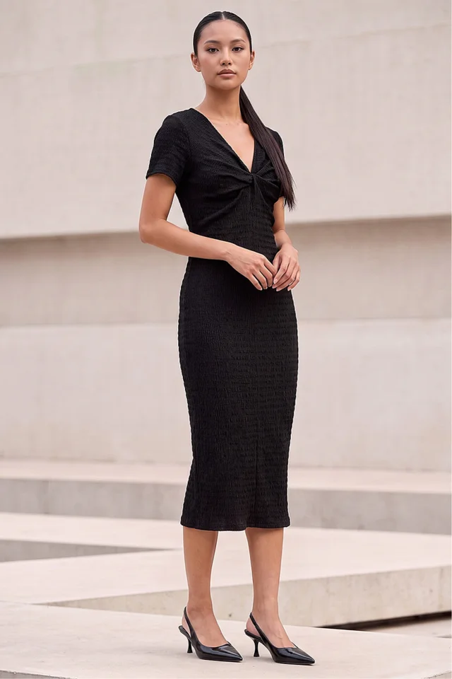 Roman Black Petite Textured Twist Midi Dress