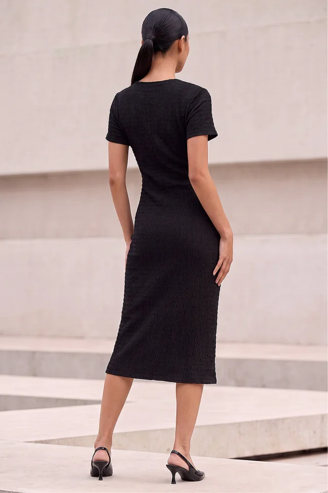 Roman Black Petite Textured Twist Midi Dress