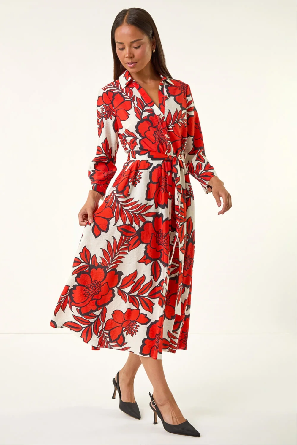 Roman Red Petite Floral Midi Shirt Dress - 14 Image 3